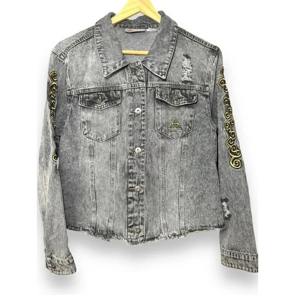 Distressed Denim Jacket with Zelda Triforce Embroidery Gamer Streetwear‎ - Picture 1 of 12